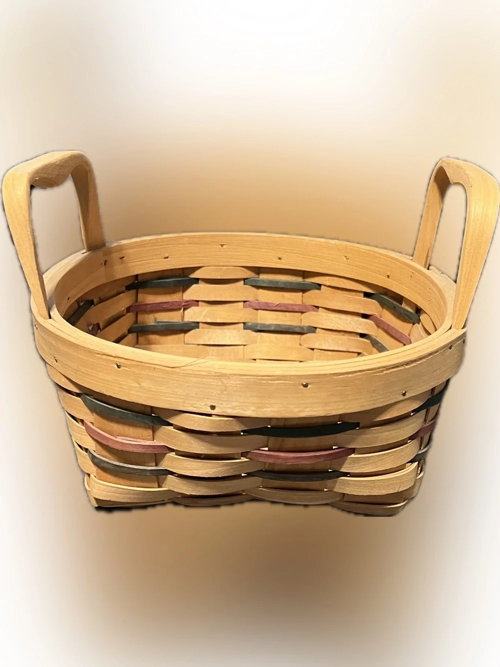 Vintage Handwoven Natural Wood Basket Pink Green Accents Accent Decor